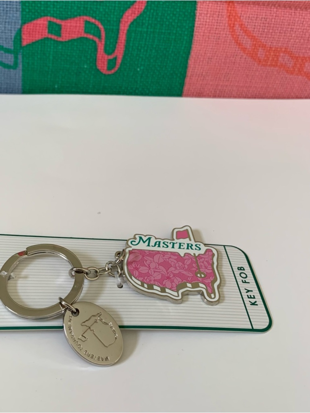 Masters Pink Floral USA Map Keychain Fob with Metal Oval Tag
